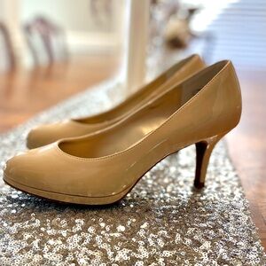 Kelly and Katie Beige Patent Leather Pumps